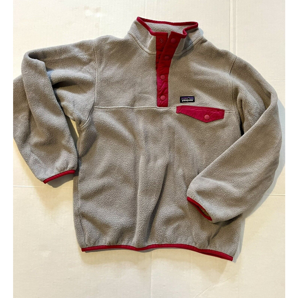 Patagonia Girls 14 XL Synchilla Fleece Snap-T Gray Pink Pullover Sweater Youth